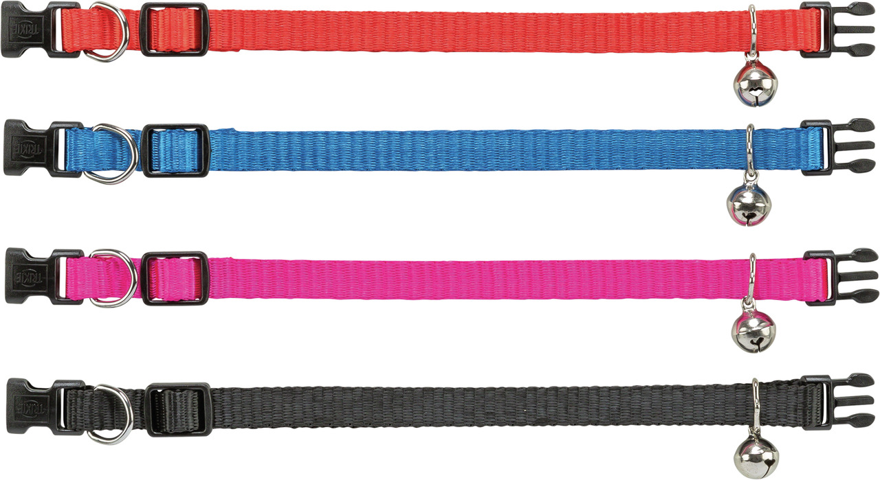 TRIXIE Katzenhalsbänder, 4 Farben (Rot, Blau, Pink, Schwarz), mit Glöckchen & Sicherheitsverschluss, für Katzen, sicher & bequem.