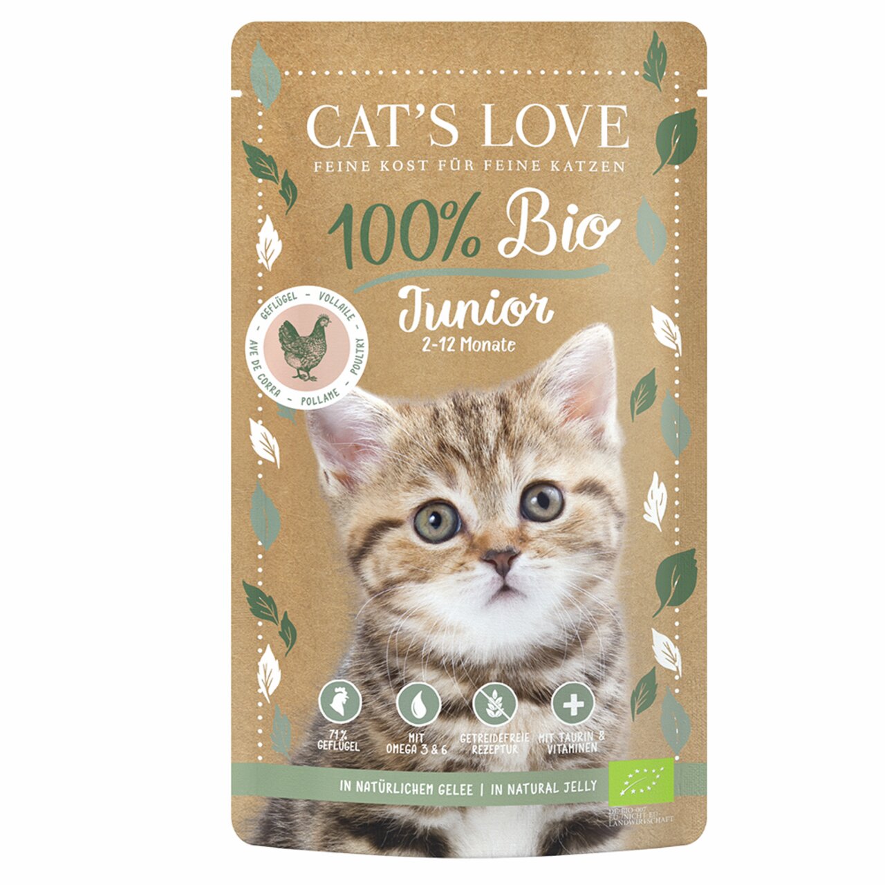 Cat's Love Junior 100% Bio Katzenfutter, Geflügel, für Kätzchen 2-12 Monate, getreidefrei, 85 g in natürlichem Gelee.