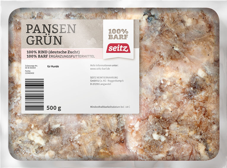Seitz Pansen Grün, Ergänzungsfutter f. Hunde, 100 % Rind (dt. Zucht), BARF, 500 g tiefgefroren.