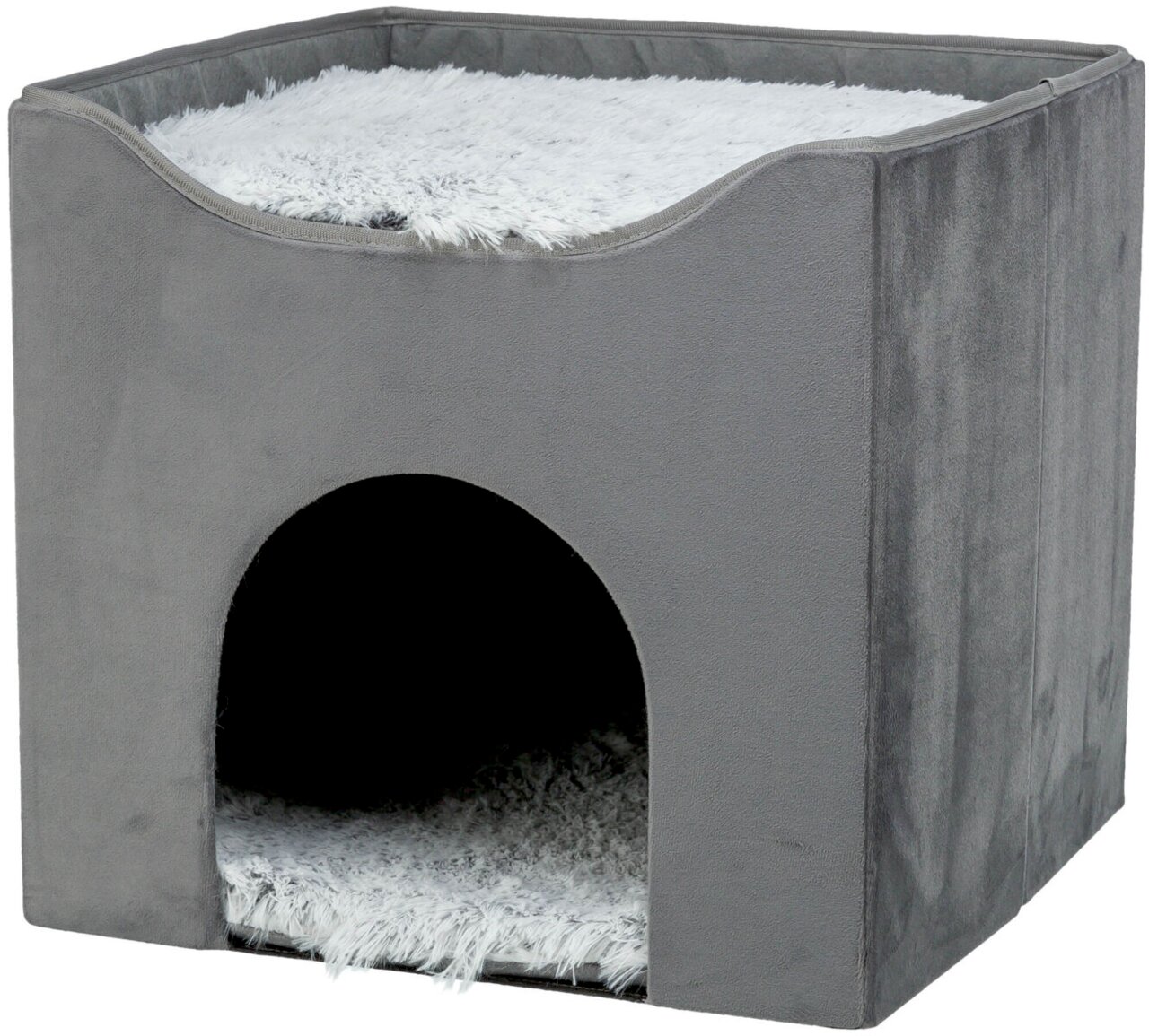 TRIXIE Kuschelhöhle für Katzen und kleine Hunde, grau mit weichem Plüsch-Liegeplatz oben und innen, gemütlicher Rückzugsort.