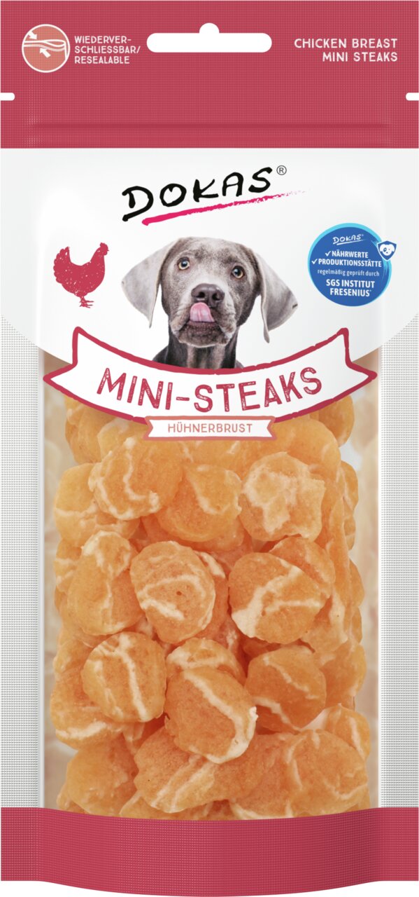 DOKAS Mini-Steaks Hühnerbrust, Hundesnack, Geschmacksrichtung Huhn, wiederverschließbar, Packungsinhalt 70 g.