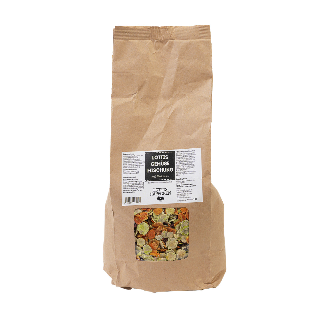 Lottis Häppchen Gemüsemischung m. Kräutern, für Hunde, getr. Gemüse & Kräuter, Ergänzungsfutter, 1 kg, braune Tüte m. Sichtfenster.