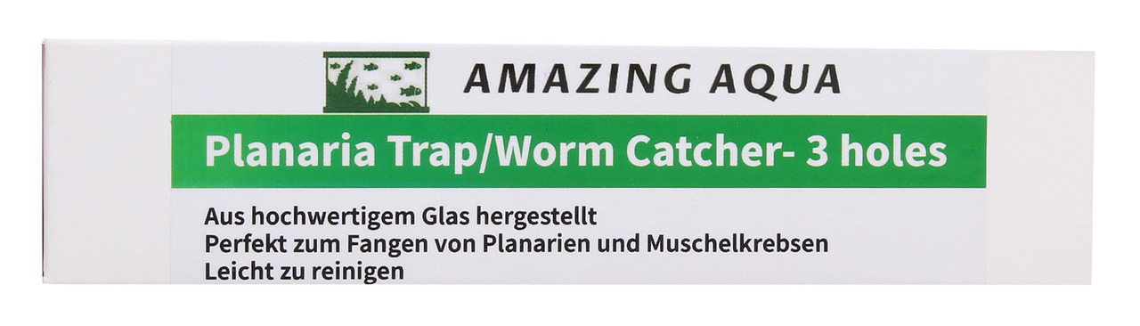 Das Bild zeigt die Verpackung des Produkts "Amazing Aqua Planaria Trap/Worm Catcher - 3 holes". Es handelt sich um eine hochwertige Falle aus Glas, die speziell zum Fangen von Planarien und Muschelkrebsen entwickelt wurde. Die Verpackung betont die einfac