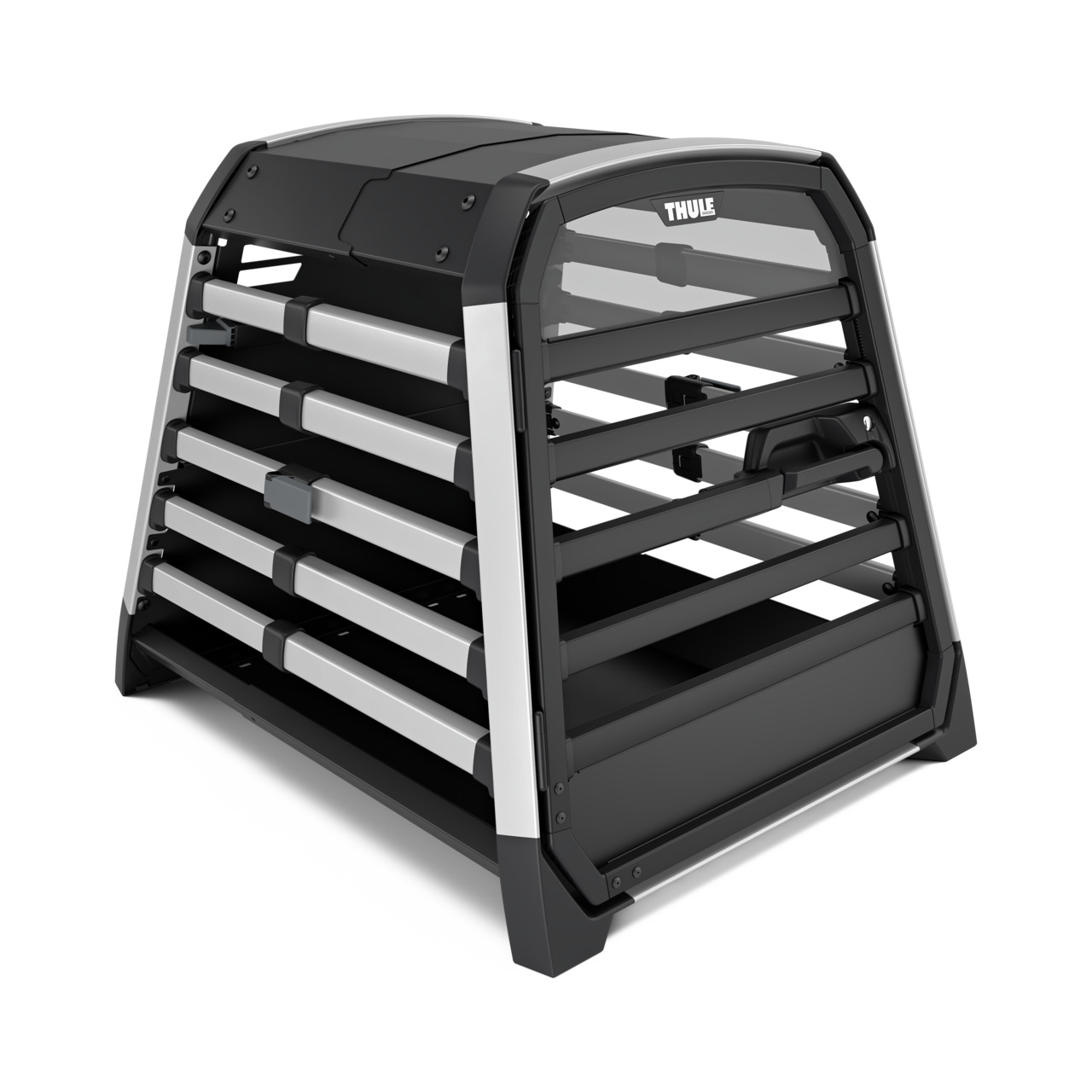 Thule Hundetransportbox "Cage", für mittelgroße bis große Hunde, robust aus Alu-Kunststoff, mit Belüftungsschlitzen.