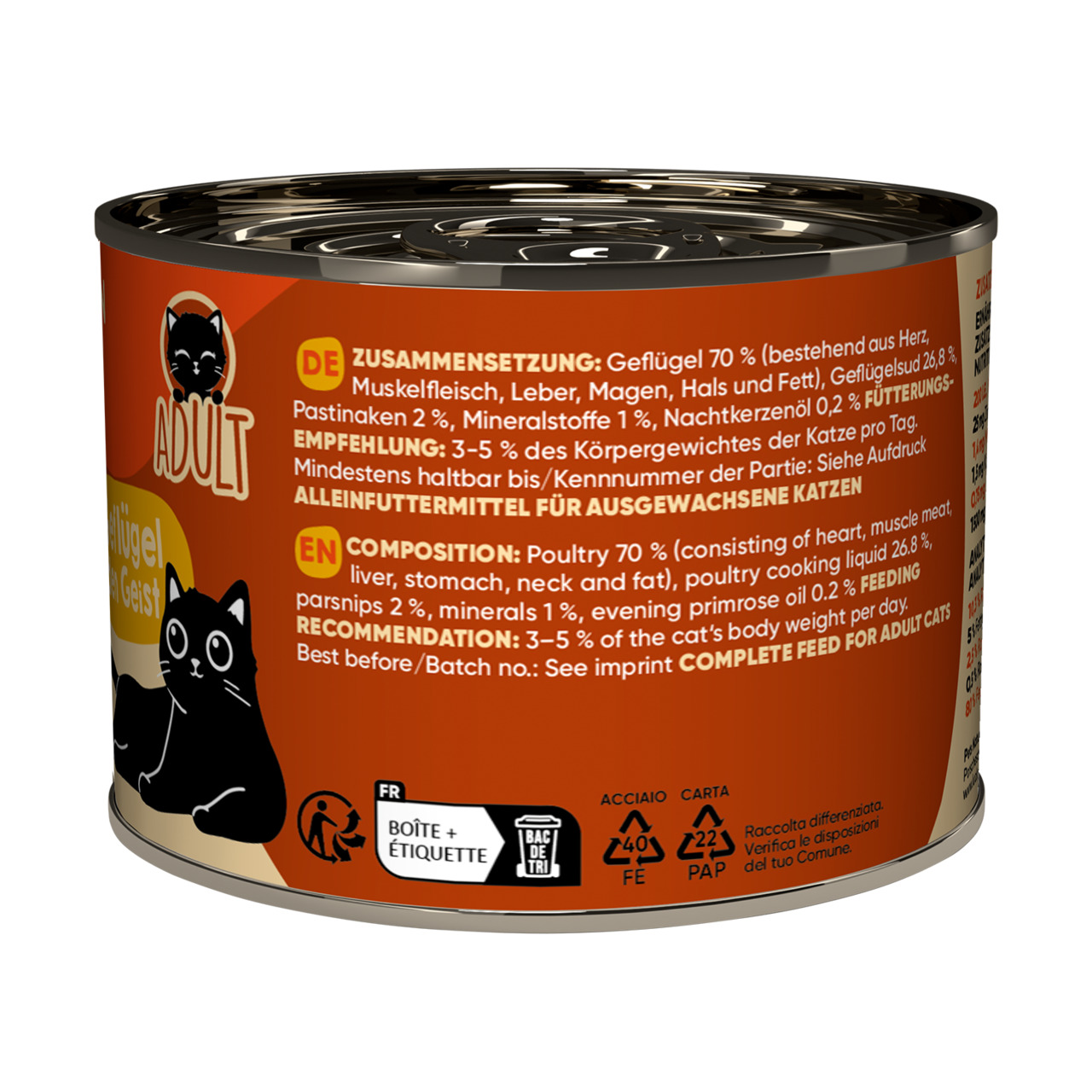 Eine orangefarbene Dose Katzenfutter der Marke Lucky Lou mit der Geschmacksrichtung Geflügel. Geeignet für ausgewachsene Katzen. Die Zusammensetzung umfasst 70 % Geflügel, darunter Herz, Muskelfleisch, Leber, Magen, Hals und Fett. Empfohlene Fütterungsmen