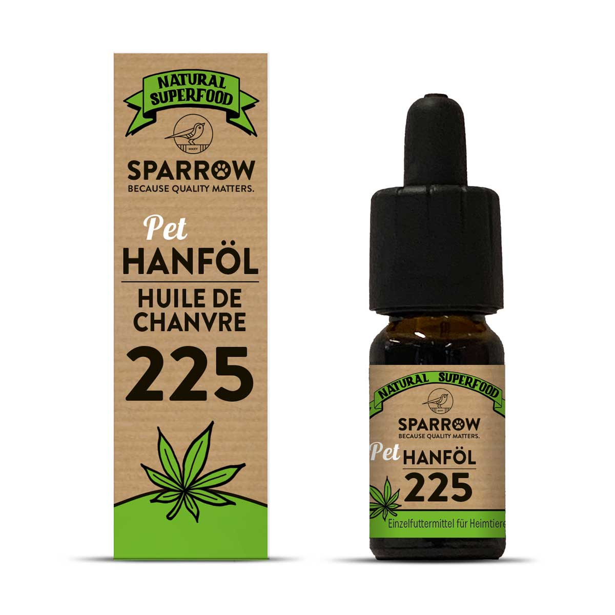 SPARROW Pet Hanföl 225, Einzelfuttermittel f. Haustiere, 10 ml, Natural Superfood, "Because Quality Matters", mit Hanföl.