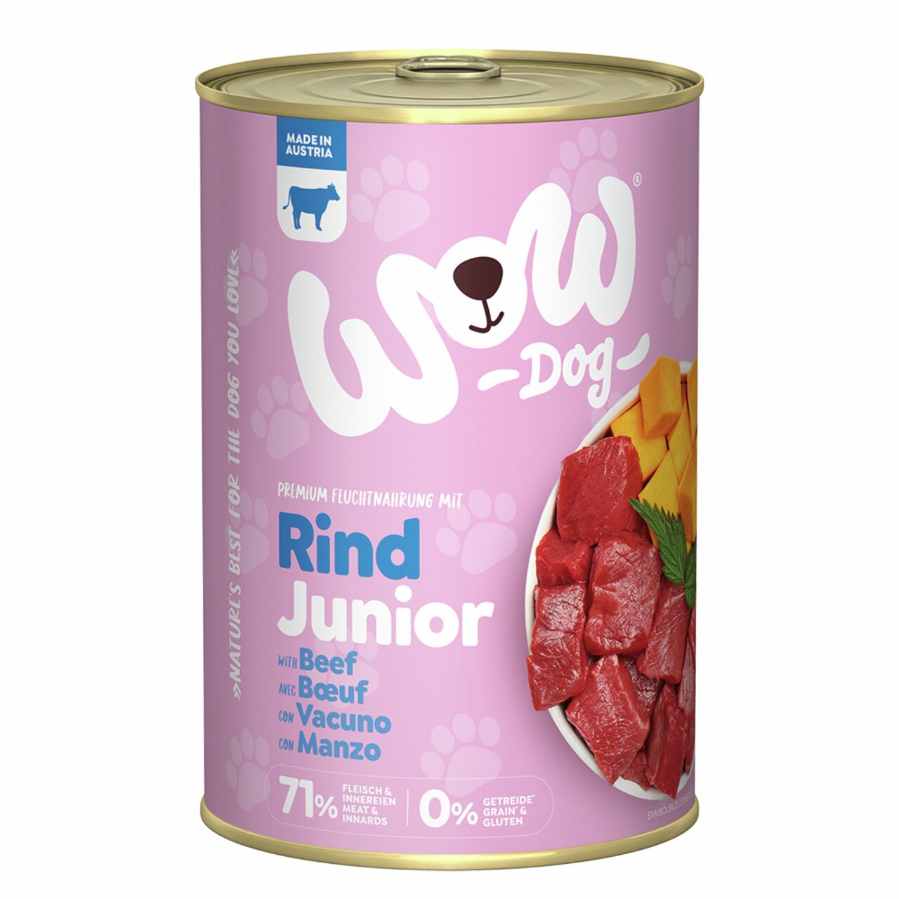 WOW DOG Rind Junior, Premium-Nassfutter für Hunde, Geschmacksrichtung Rind, 71% Fleischanteil, 0% Getreide, 400g.