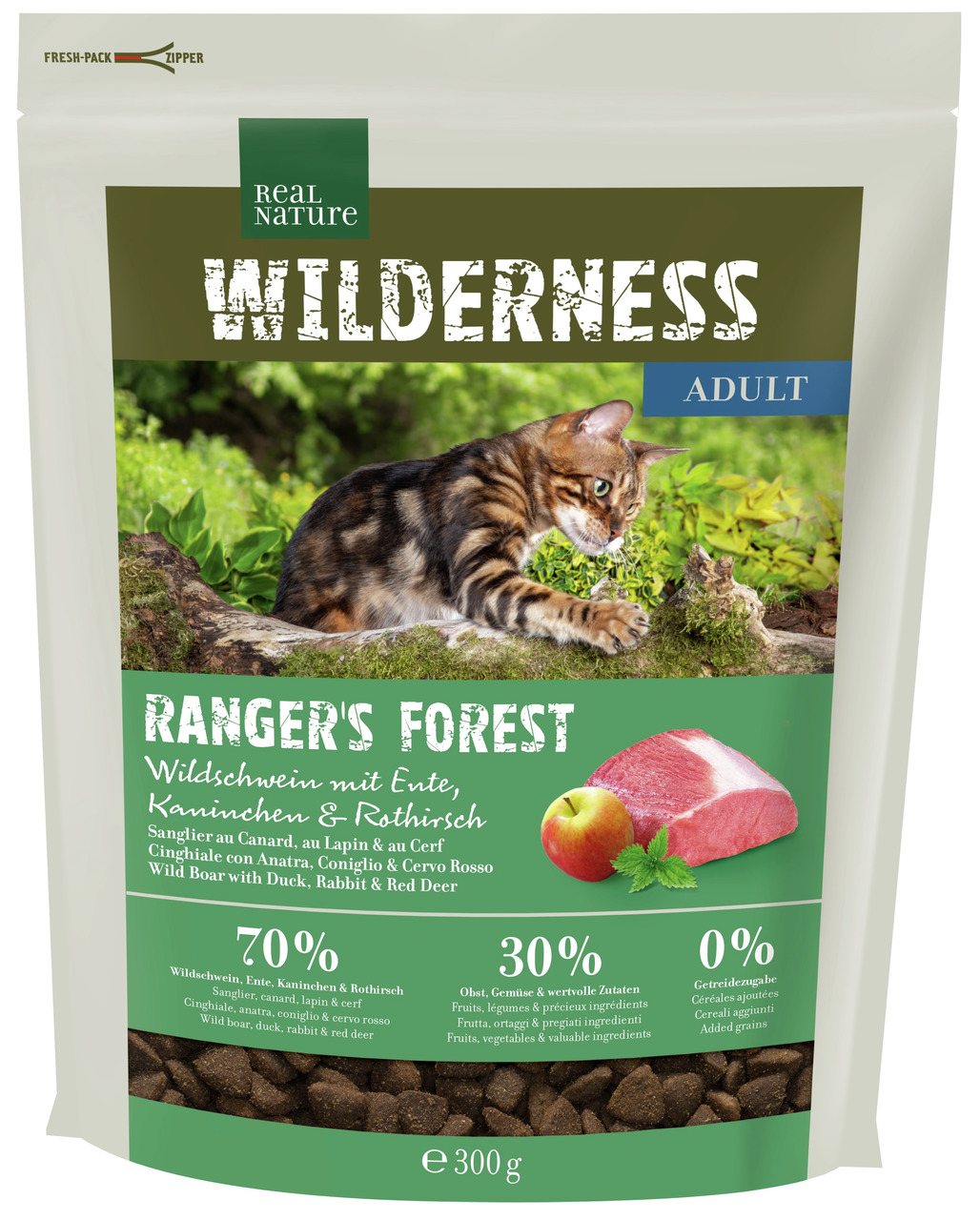 REAL NATURE WILDERNESS Ranger's Forest, Katzenfutter f. erwachsene Katzen, Wildschwein+Ente+Kaninchen+Rothirsch, 300 g, 0 % Getreide.