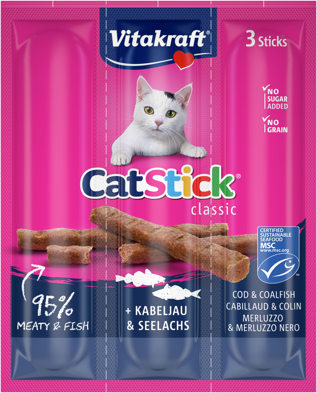 Das Bild zeigt die Verpackung des Produkts „Vitakraft Cat Stick classic“ für Katzen. Es handelt sich um Katzensnacks in Stangenform mit Kabeljau und Seelachs, bestehend aus 95 % Fleisch und Fisch. Die Packung enthält 3 Sticks, ist getreidefrei und ohne Zu