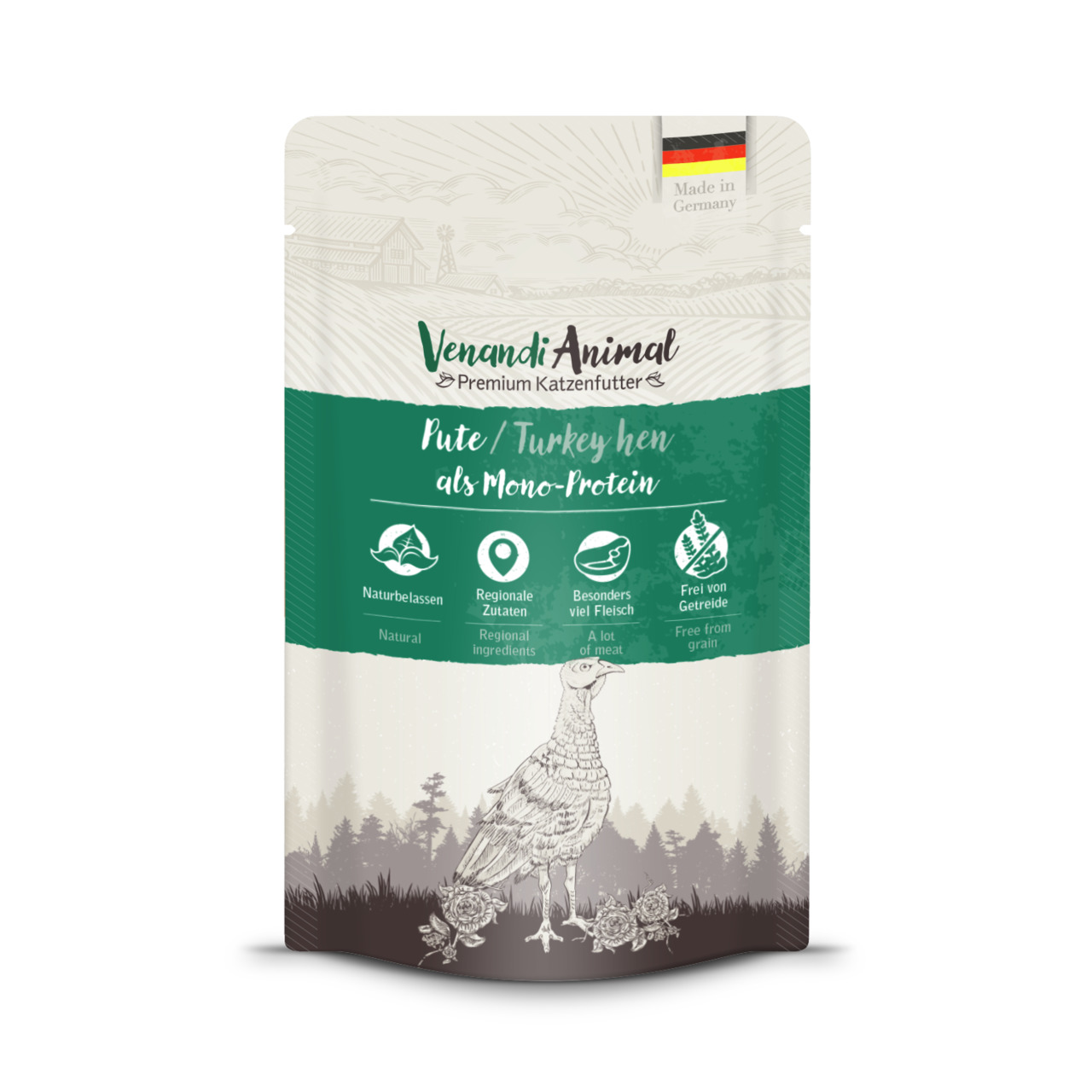 Venandi Animal Pute Mono-Protein, Katzen, Truthahn, natürliche Zutaten, regional, hoher Fleischanteil, getreidefrei, 400g.