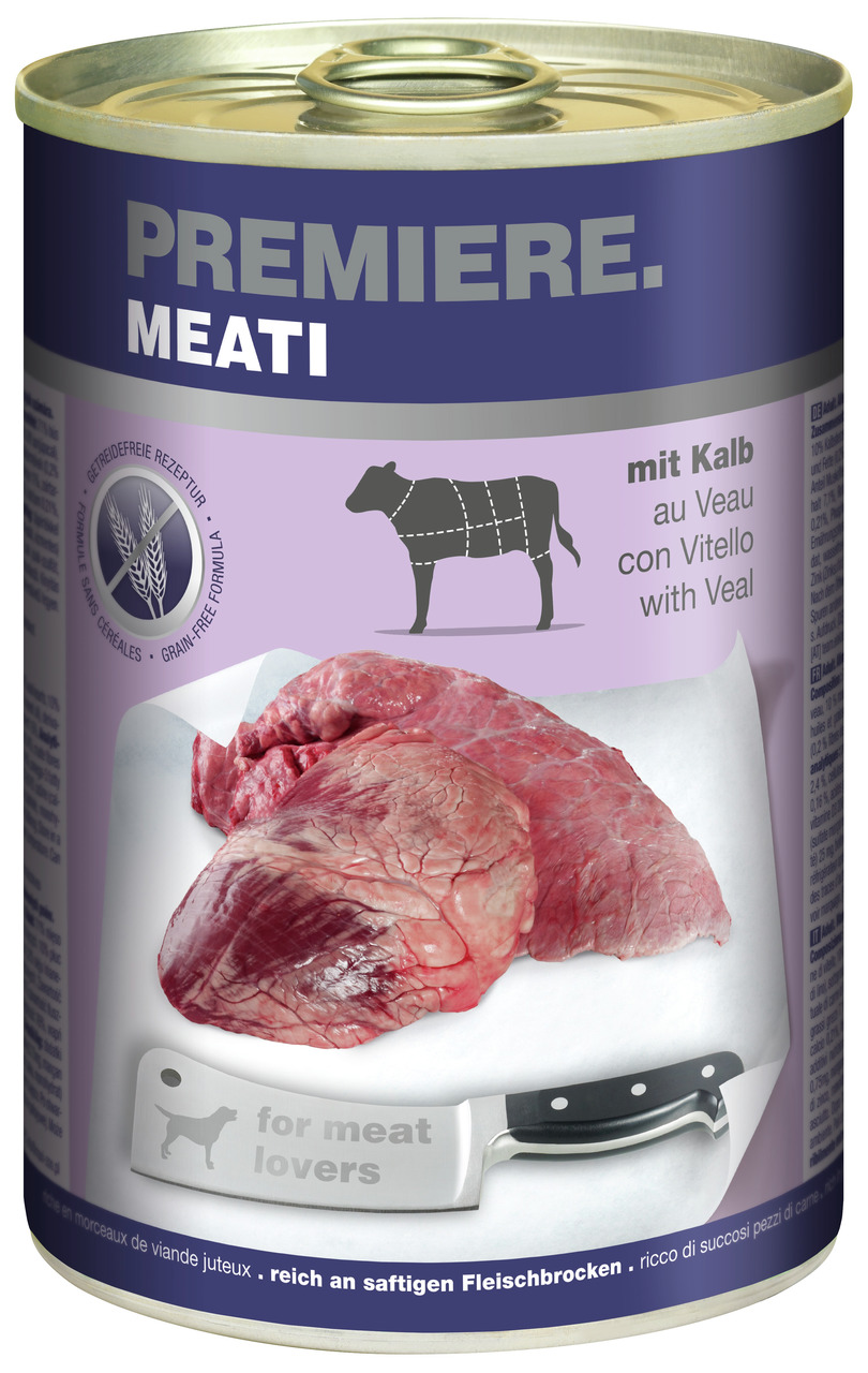 PREMIERE MEATI Hundefutter, Kalb, für Hunde, „for meat lovers“, saftige Fleischstücke.
