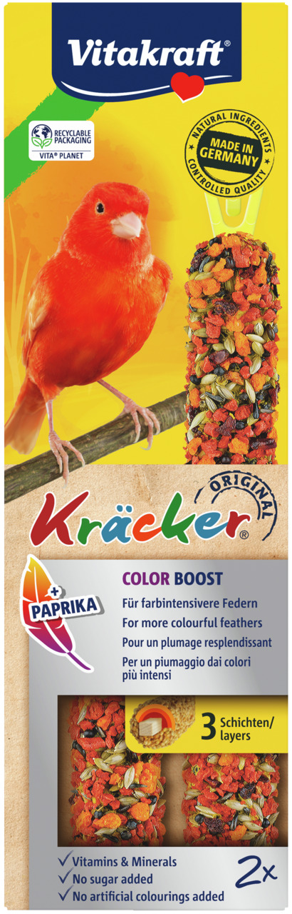 Vitakraft Kräcker Color Boost Paprika für Kanarienvögel: 2 Stangen, Paprika, natürliche Zutaten, ohne Zuckerzusatz, 3 Schichten.
