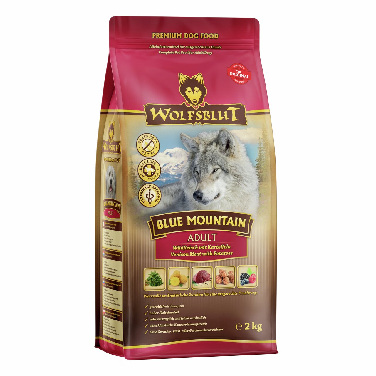 WOLFSBLUT Blue Mountain Adult, Wildfleisch mit Kartoffeln, für ausgewachsene Hunde, getreidefrei, 2 kg-Packung.