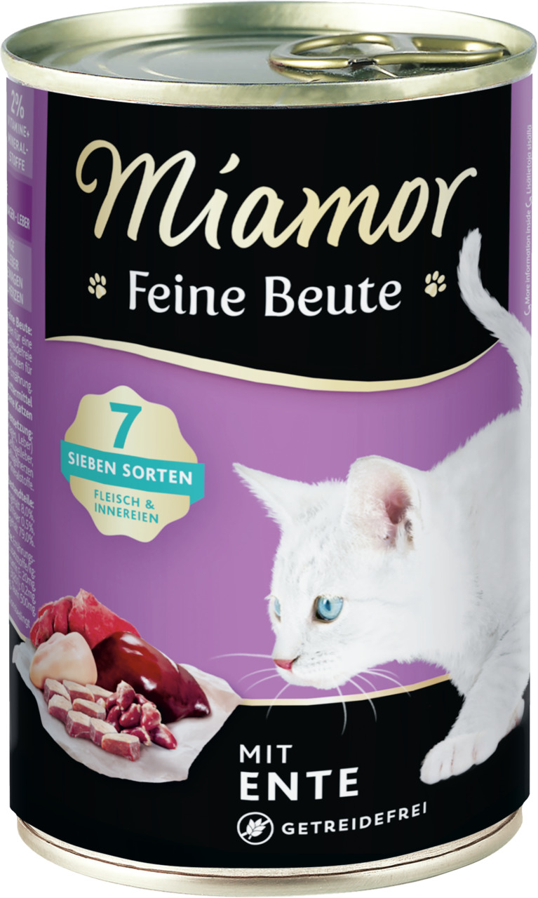 Miamor Feine Beute Katzenfutter Ente, getreidefrei, 7 Sorten Fleisch & Innereien, geeignet für Katzen.