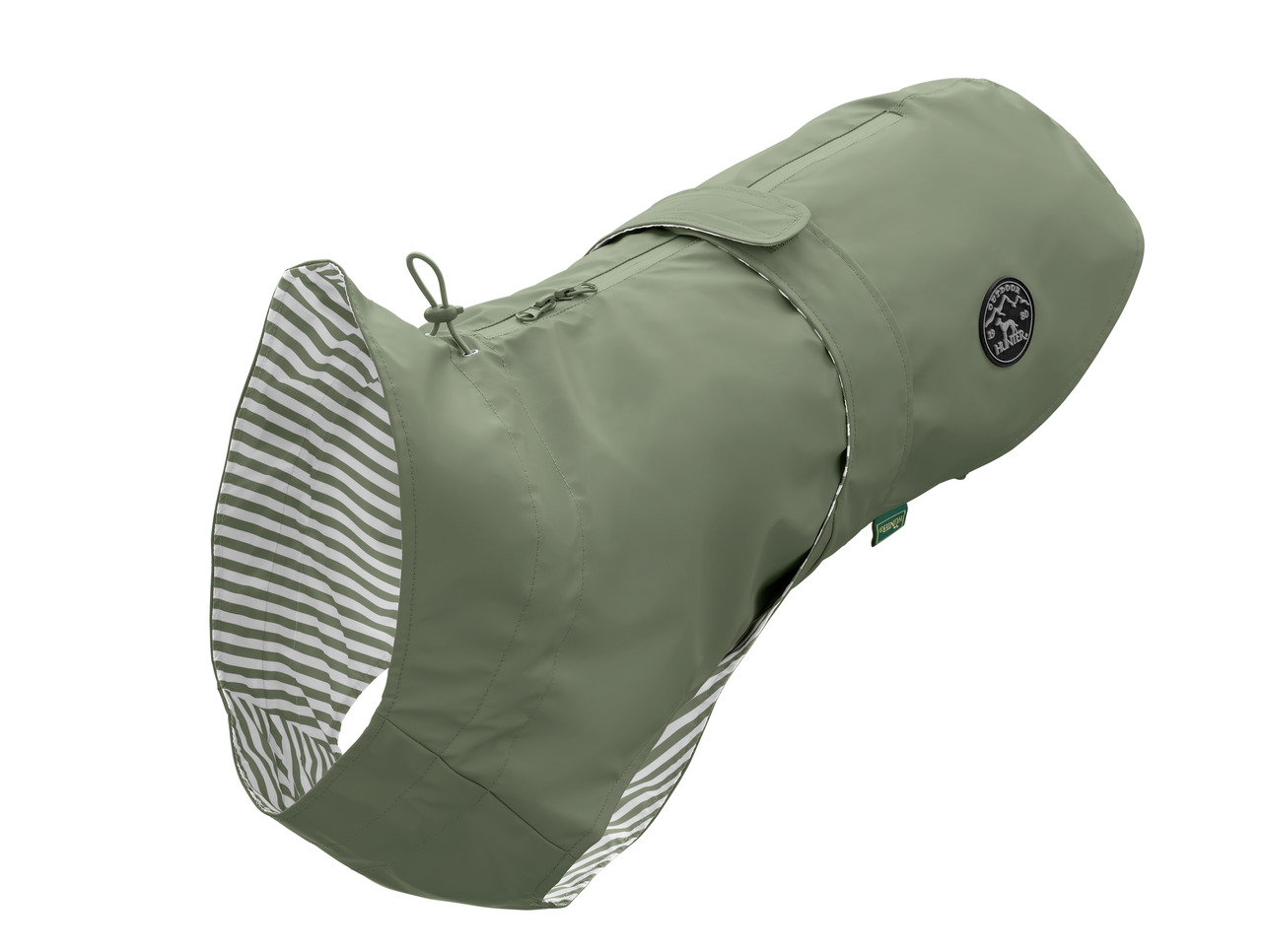 Grüner Hundemantel der Marke HUNTER, Modell "Uppsala Rain", geeignet für Hunde aller Größen. Der Mantel ist wasserabweisend und hat ein gestreiftes Innenfutter. Sichtbar ist ein Klettverschluss und ein Logo-Patch. Ideal für regnerische Tage. EAN: 40167396