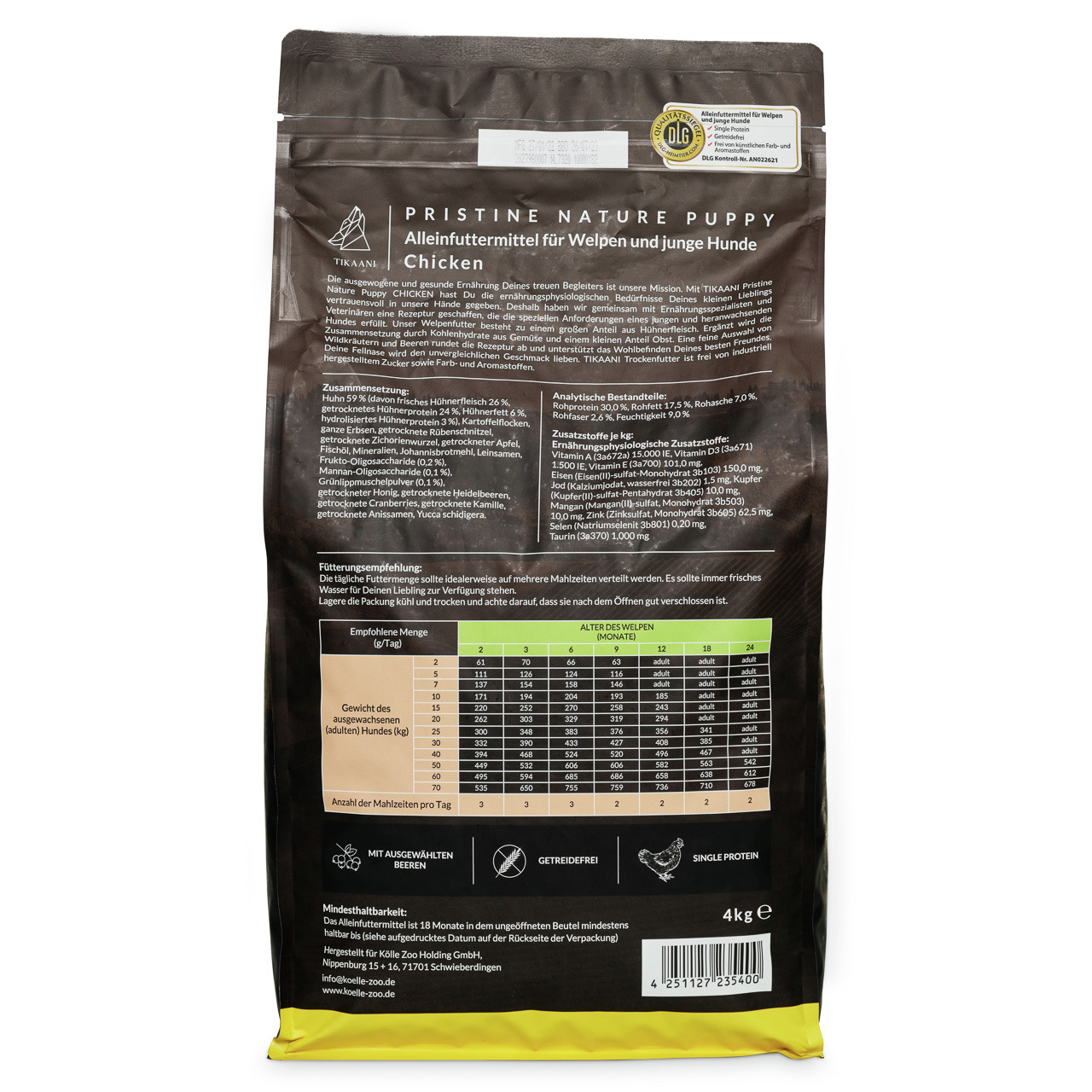 TIKAANI Pristine Nature Puppy, Huhn, für Welpen/junge Hunde, 4 kg, getreidefrei, Single-Protein, mit Beeren, Alleinfuttermittel.