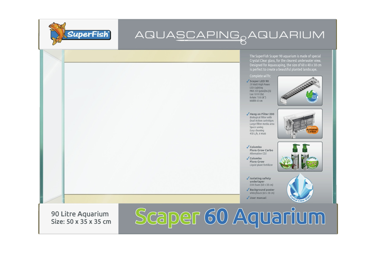 Superfish Scaper 60 Aquarium, 90L, für Aquascaping, Kristallglas, inkl. LED, Bio-Filter & Pflanzenpflege-Zubehör, 50x35x35 cm.
