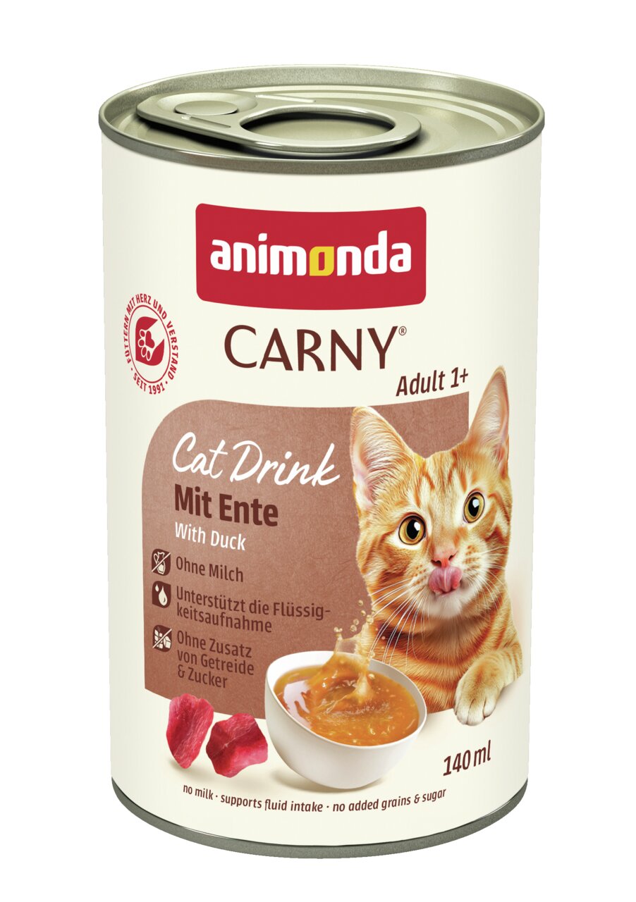 Animonda Carny Cat Drink mit Ente, für Katzen ab 1 Jahr, ohne Milch und Getreide, unterstützt Flüssigkeitsaufnahme, 140 ml.