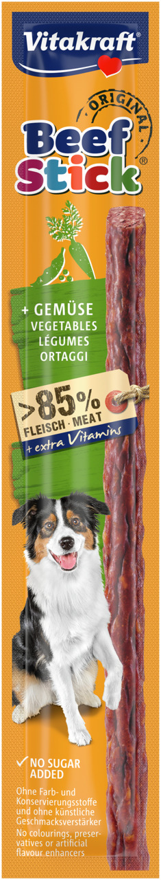 Vitakraft Beef Stick Original, Hundesnack mit Gemüse, 85 % Fleisch, Vitamine, ohne Zucker-Farbstoffe-Konservierung, 1 Stick.