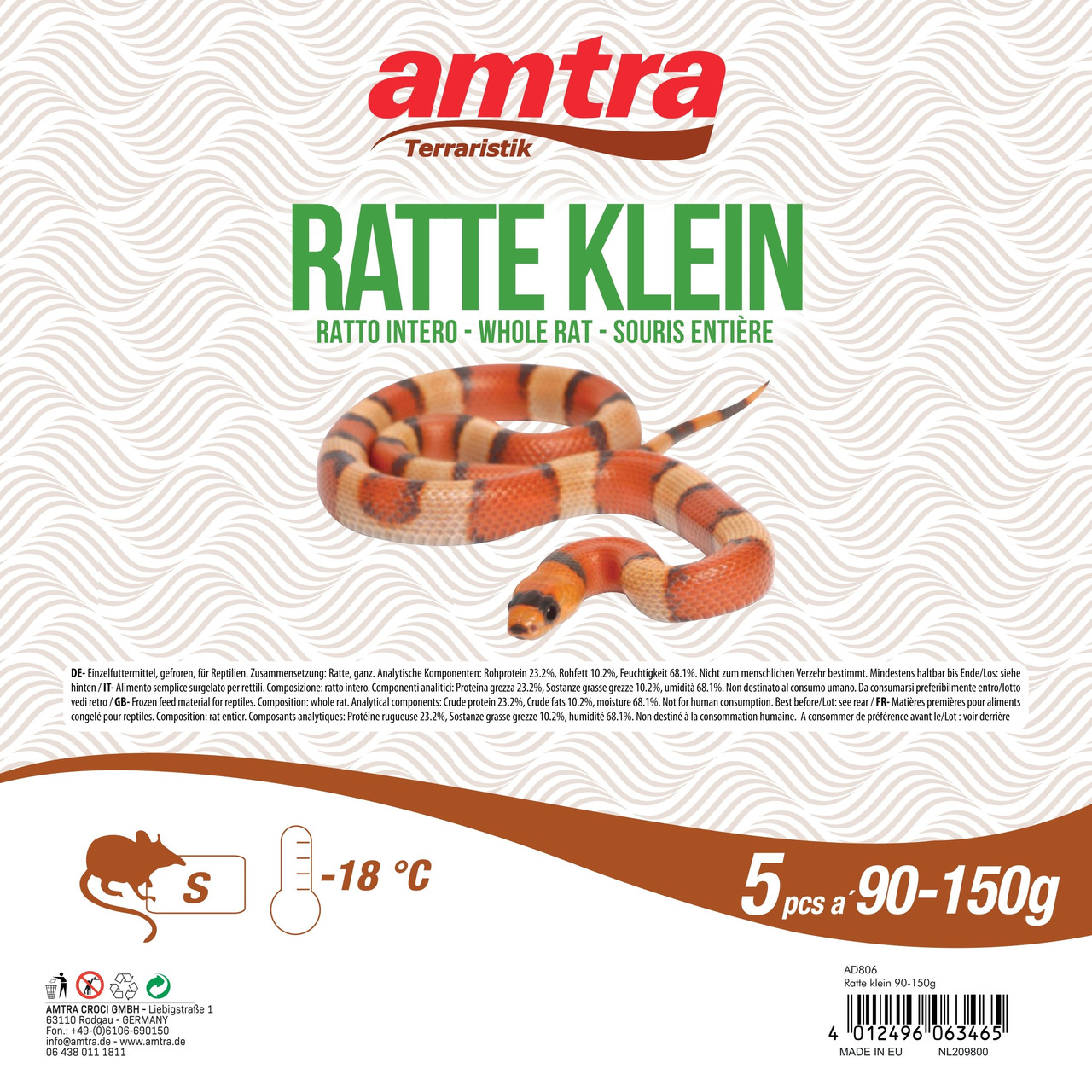 amtra Terraristik Ratte Klein, Einzelfuttermittel f. Reptilien, 5 Stk. (90–150 g), gefroren, Lagerung bei -18 °C.