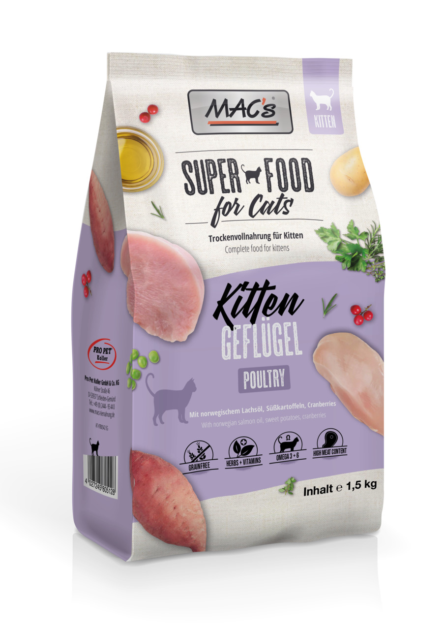 MAC's Superfood for Cats, 1,5 kg, Trockenfutter für Katzenwelpen, Geflügel, getreidefrei, mit Lachsöl, Süßkartoffeln & Cranberries.