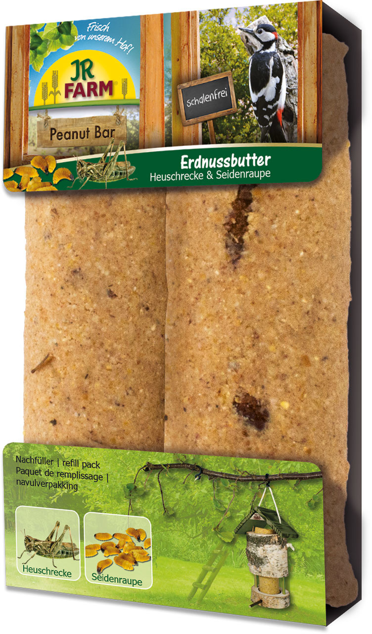 JR FARM Peanut Bar Erdnussbutter, Heuschrecke & Seidenraupe, Nachfüllpack für Wildvögel, schalenfrei, 2 Riegel.