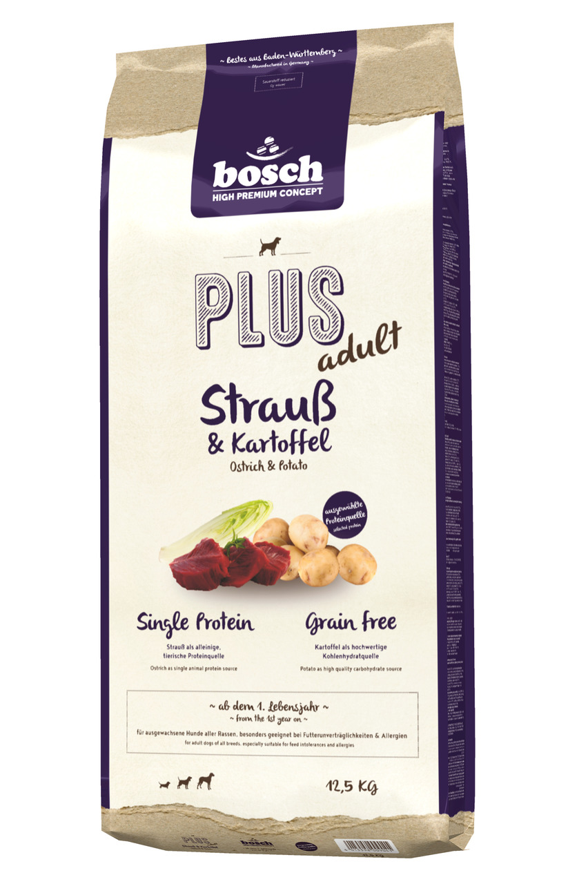 Bosch High Premium Concept Plus Adult, 12,5 kg, Strauß & Kartoffel, für Hunde ab 1 Jahr, getreidefrei, Single Protein, bei Unverträglichkeiten.