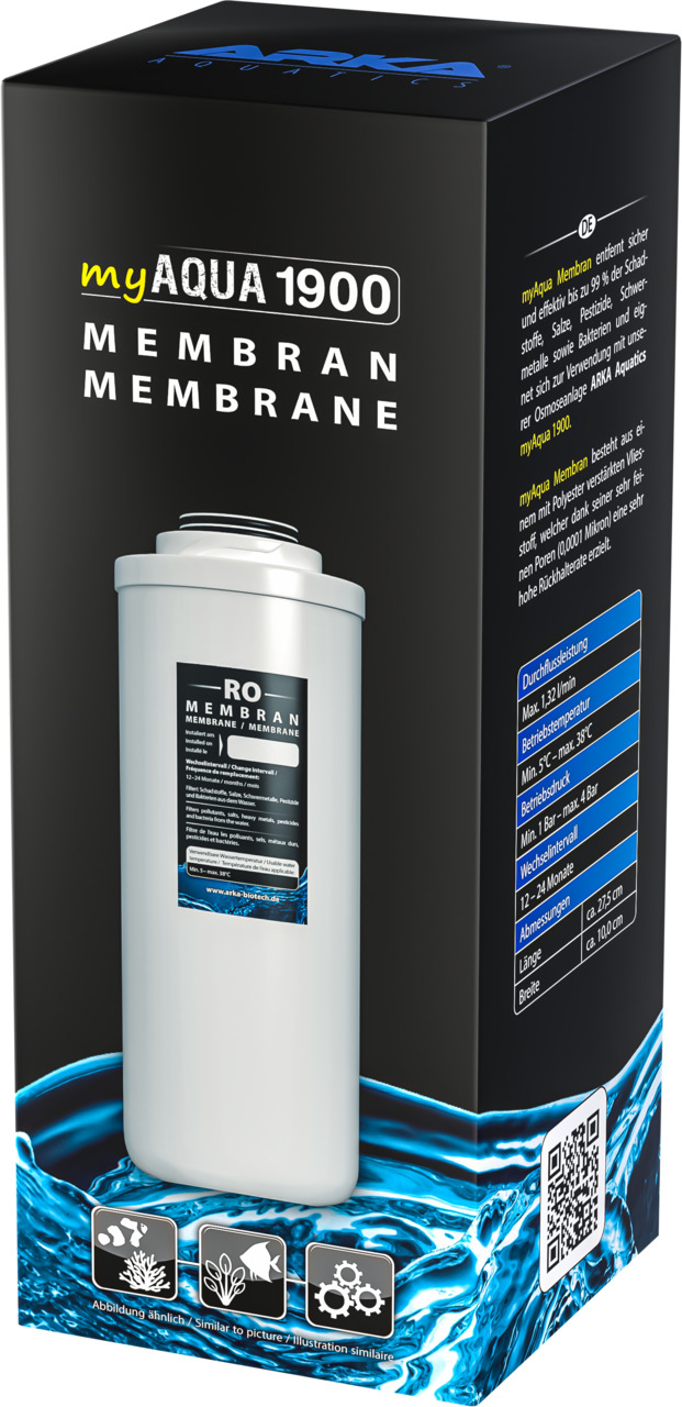 ARKA myAqua 1900 Membran, Umkehrosmose für Aquaristik, 1,9 l/min, effektive Filterung, langlebig, schwarz-blaues Design.