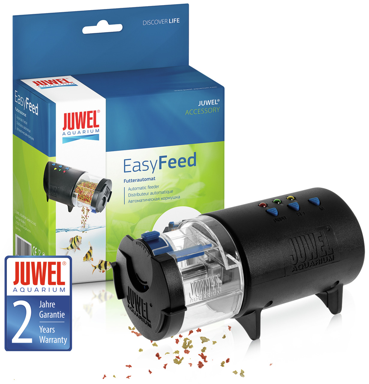 JUWEL EasyFeed Futterautomat, für Aquarienfische, schwarz, kompakt, 2 Jahre Garantie, ideal für regelmäßige & zuverlässige Fütterung.
