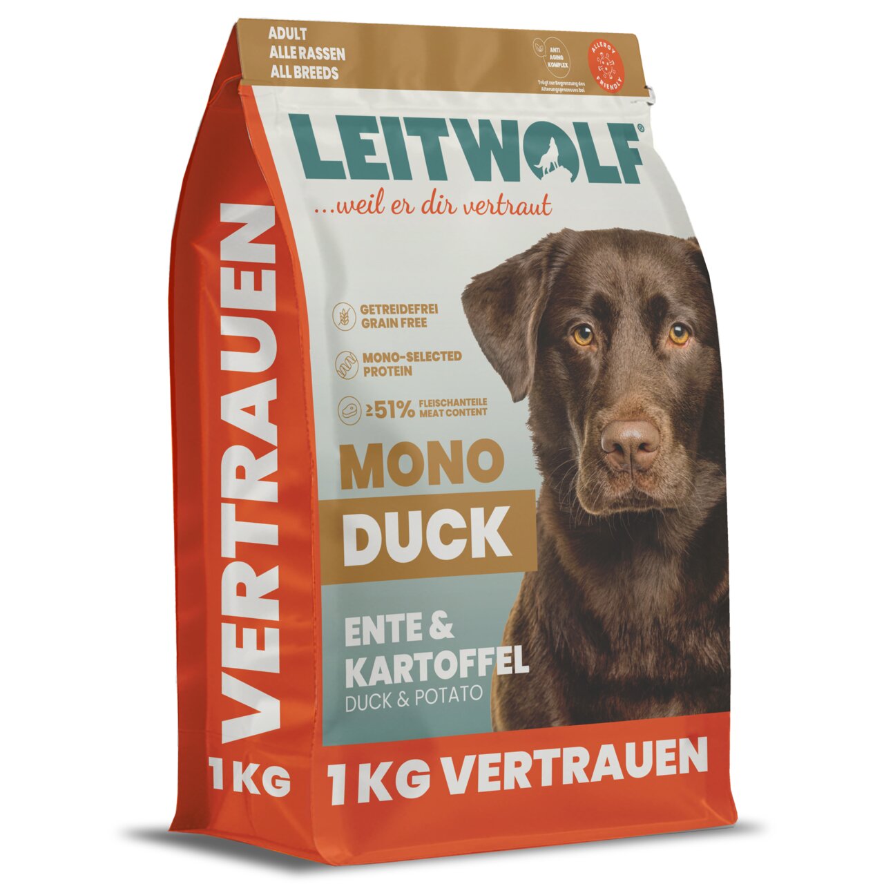 Leitwolf Mono Duck Hunde-Trockenfutter für adulte Hunde aller Rassen, Ente & Kartoffel, getreidefrei, 1 kg, 51% Fleischanteil.
