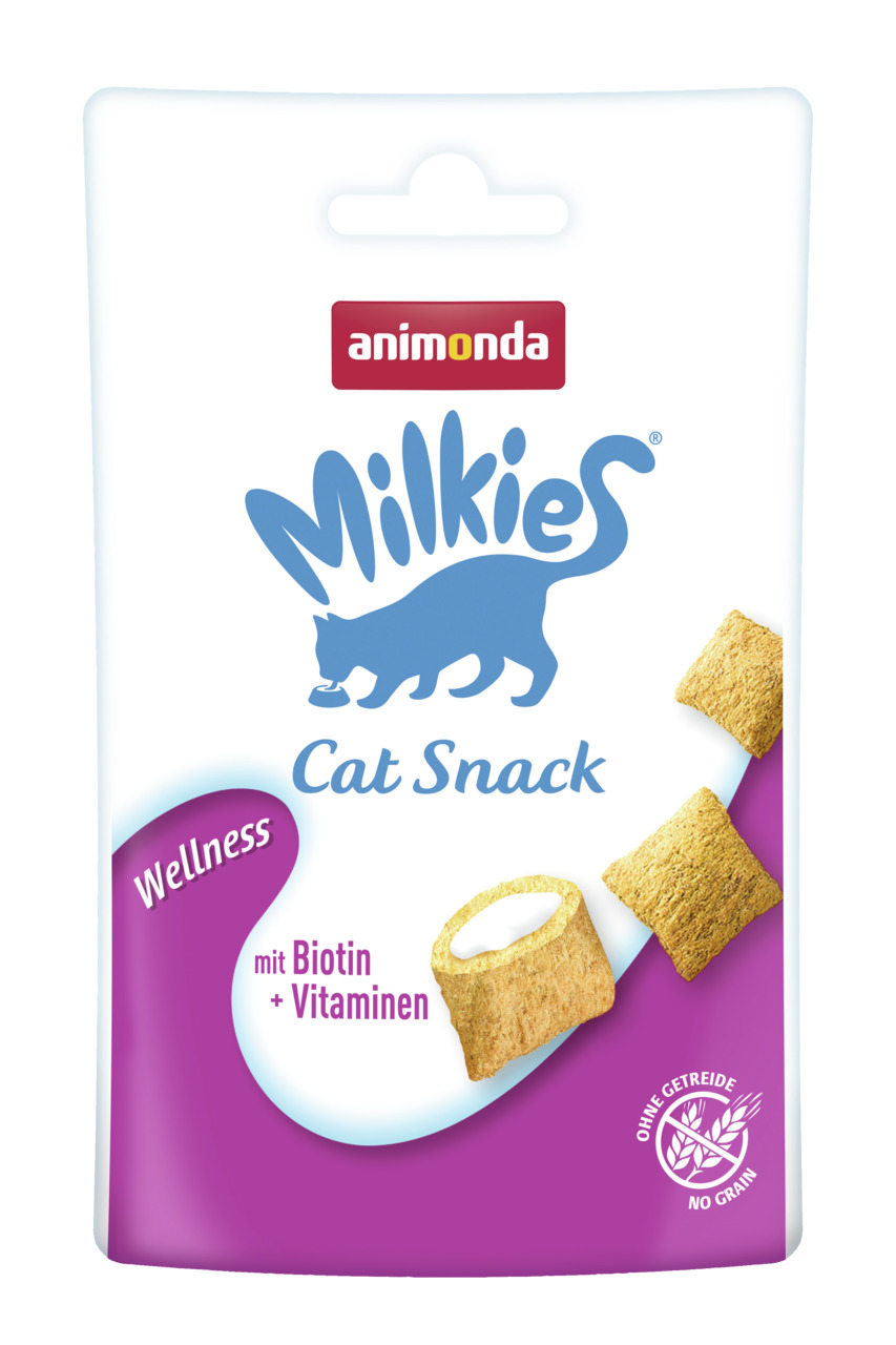 animonda Milkies Cat Snack Wellness: Getreidefreier Katzensnack mit Biotin & Vitaminen, lila-weiße Packung, Menge nicht erkennbar.