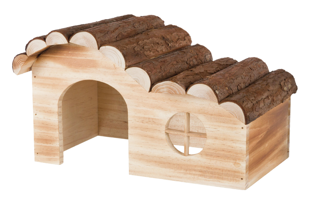 Das Bild zeigt das TRIXIE Kleintierhaus "Natural Living Jesper", ein natürliches Holzhaus für Kleintiere wie Hamster oder Mäuse. Es verfügt über ein gewölbtes Dach aus Baumrinde, das als Sitz- oder Kletterfläche dient, sowie eine runde Fensteröffnung und 