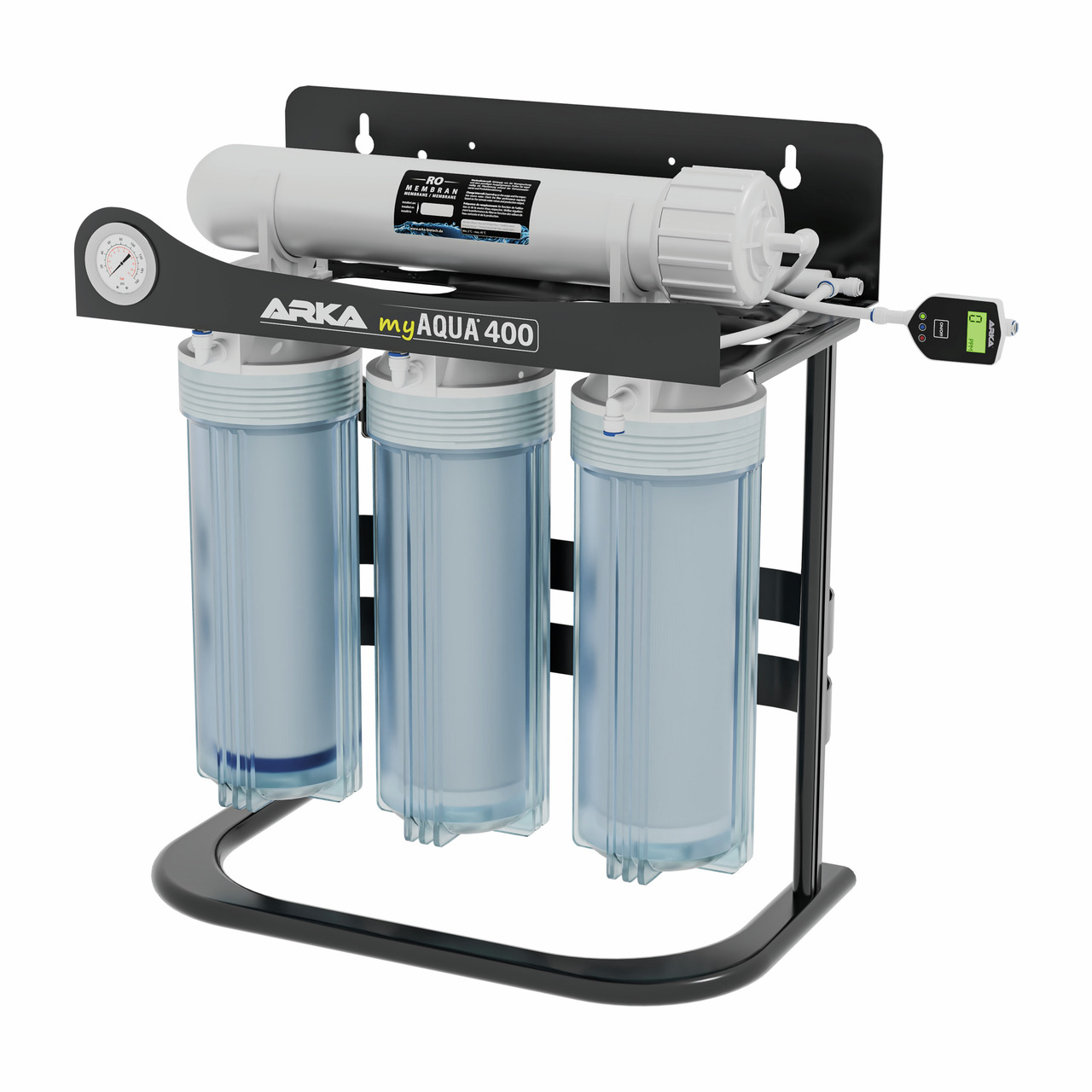 ARKA myAqua 400 Umkehrosmose-System, Wasserfilter f. Aquarien, mit TDS-Messgerät, Druckmanometer, 3 Filtern, auf Metallrahmen.