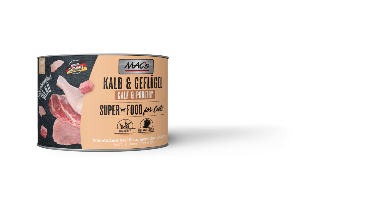 MAC's Kalb & Geflügel Katzenfutter, f. erw. Katzen, Kalb+Geflügel, getreidefrei, hoher Fleischanteil, 200 g, "Superfood f. Katzen".