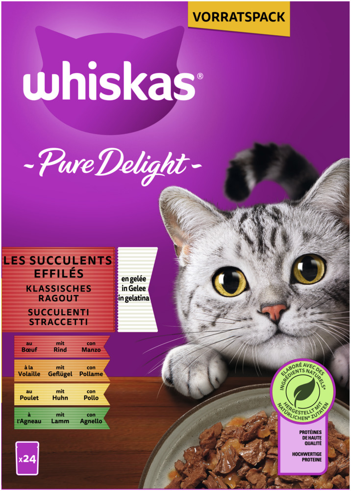 Whiskas Pure Delight Nassfutter f. Katzen, 24x in Gelee, Geschmacksr.: Rind, Geflügel, Huhn, Lamm, mit Proteinen & natürlichen Zutaten.
