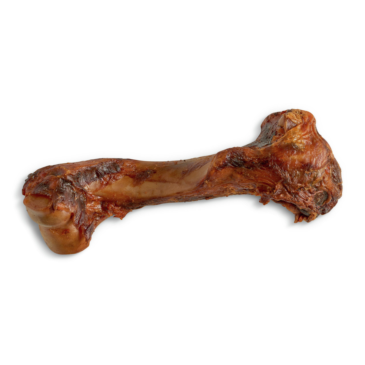 Das Bild zeigt einen natürlichen Kauknochen der Marke Lottis Häppchen, geeignet für Hunde. Der Knochen ist aus Rinderknochen gefertigt und dient als schmackhafter Snack sowie zur Zahnpflege. Er ist braun, gebacken und zeigt eine knusprige Oberfläche. Idea