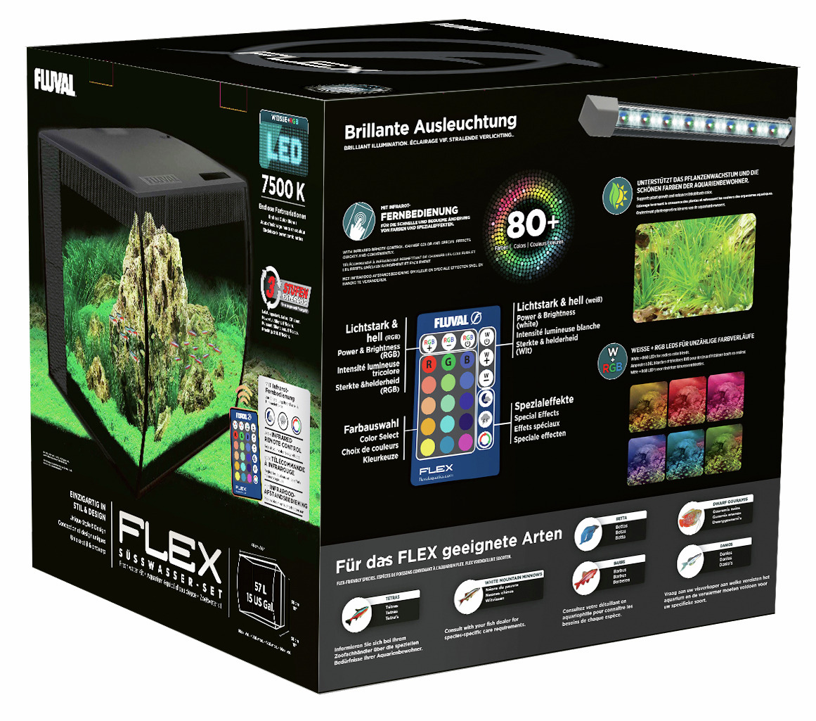 Das Bild zeigt das Fluval Flex Süßwasser-Aquarium-Set mit einem Fassungsvermögen von 57 Litern. Die Verpackung hebt die brillante LED-Ausleuchtung mit 7500 K hervor, die über eine Fernbedienung gesteuert werden kann. Es bietet über 80 Farboptionen und Spe