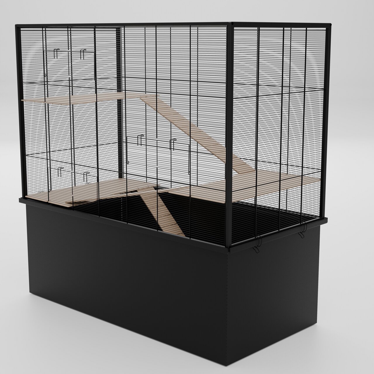 Das Bild zeigt einen geräumigen Kleintierkäfig der Marke Allpets, geeignet für Nagetiere wie Ratten oder Chinchillas. Der Käfig besteht aus einem schwarzen Metallgitter mit mehreren Holzplattformen und Rampen, die für Bewegung und Spielmöglichkeiten sorge