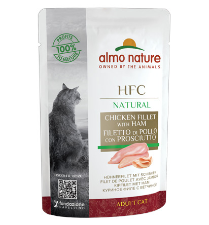 Sparpaket 6 x 55 g Almo Nature HFC Natural Hühnerfilet mit Schinken Katzen Nassfutter