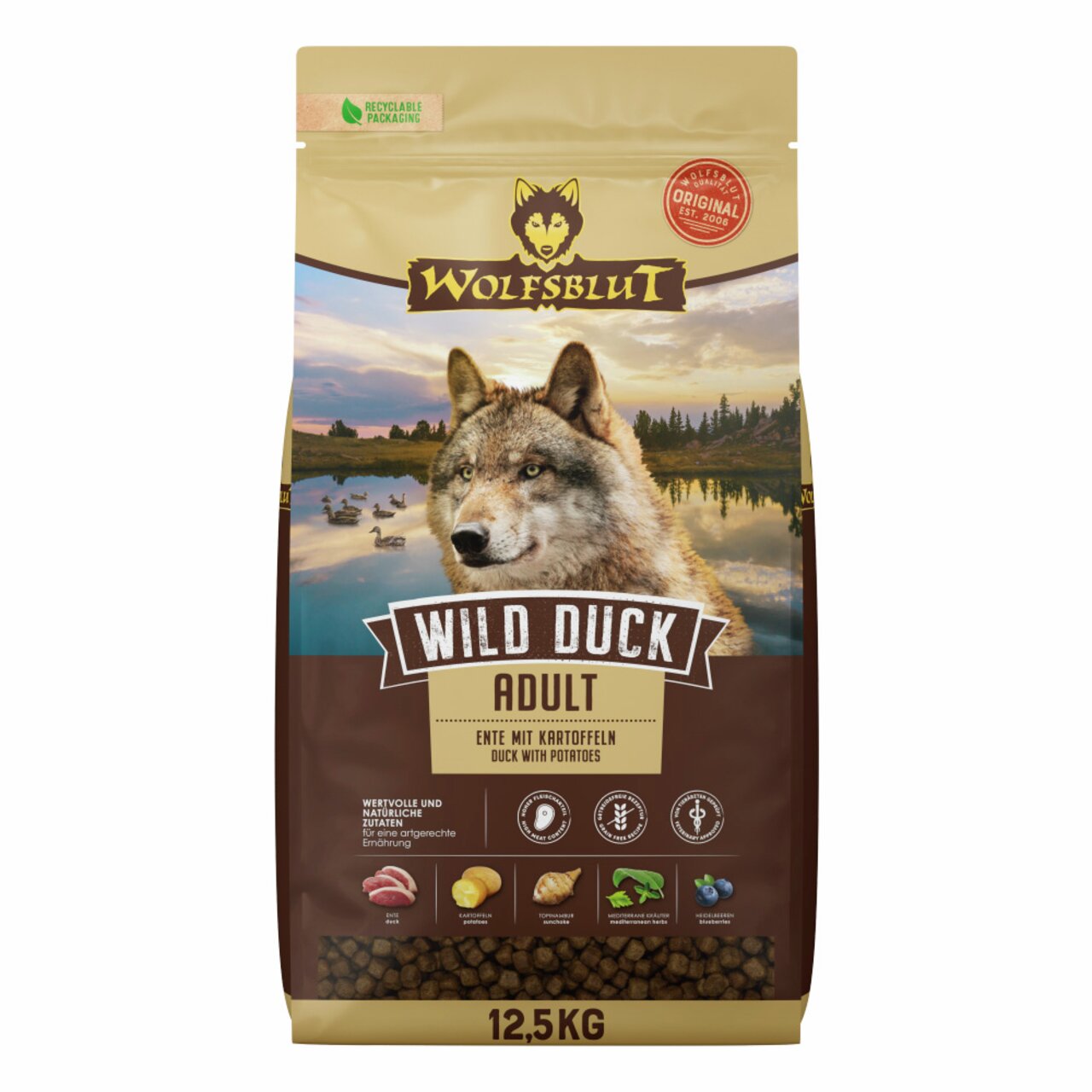 Trockenfutter für Hunde, Marke: Wolfsblut, Produkt: Wild Duck Adult, Geschmacksrichtung: Ente, Menge: 12,5 kg.