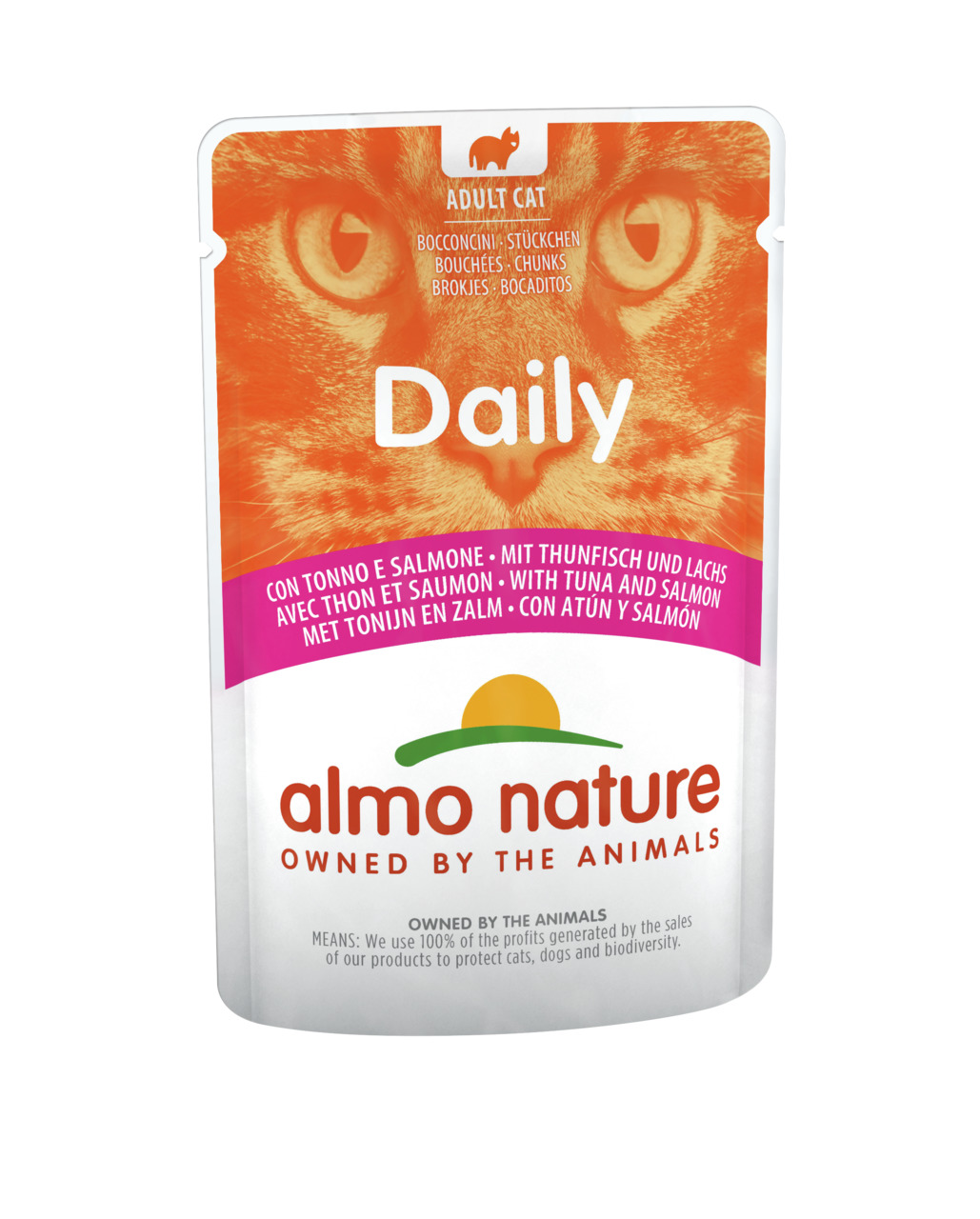 Almo Nature Daily Katzenfutter, erw. Katzen, Thunfisch & Lachs, saftige Stückchen, Gewinne für Tier- & Biodiversitätsschutz.