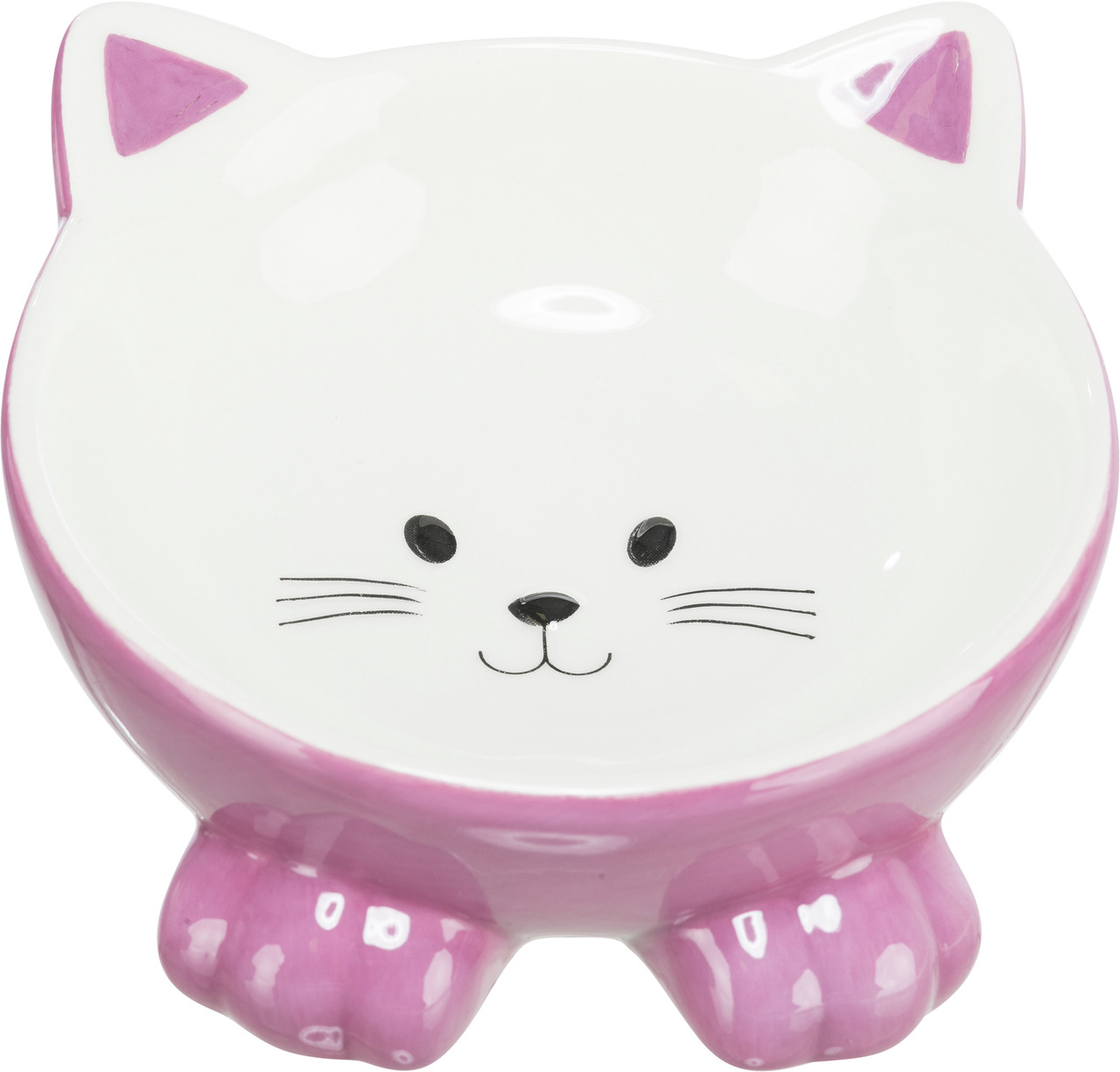 Keramiknapf von TRIXIE in Katzenform, ideal für Katzen als Zielgruppe. Der Napf ist weiß mit rosa Akzenten, hat ein niedliches Katzengesicht und Pfoten-Design. Perfekt für Futter oder Wasser. Fassungsvermögen: ca. 0,25 Liter. Robustes Material, leicht zu 