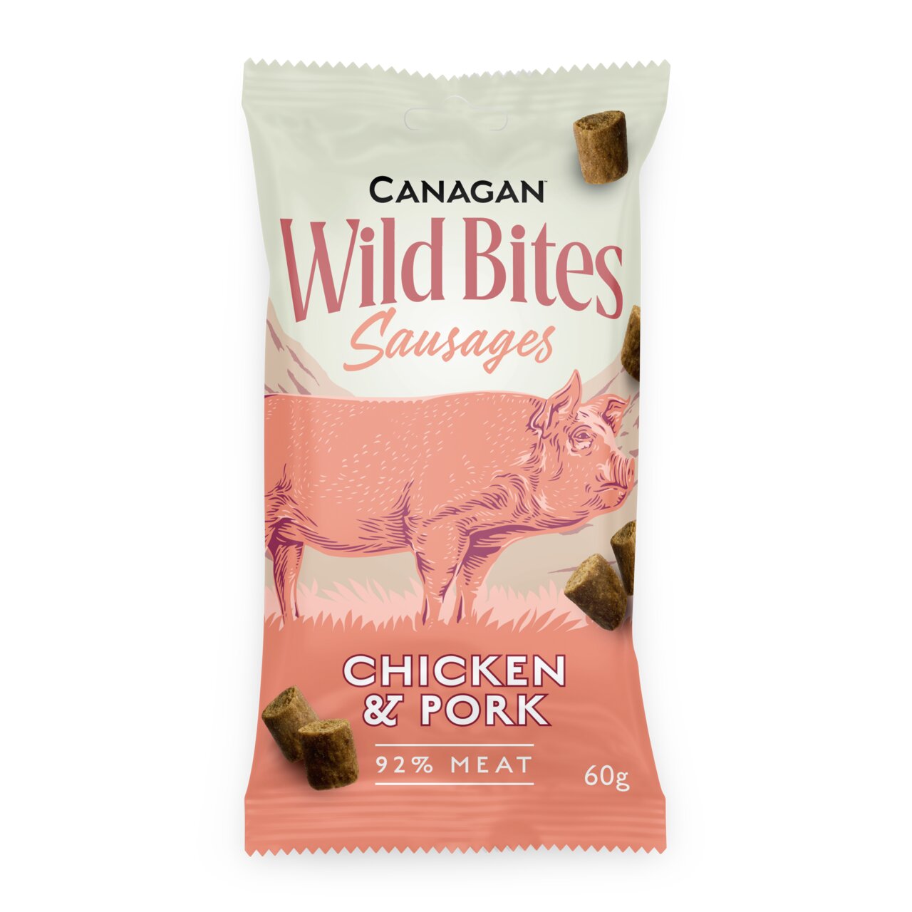 Canagan Wild Bites Sausages Hundesnack Chicken & Pork, für Hunde, mit 92 % Fleisch, Geschmack Huhn und Schwein, 60 g.