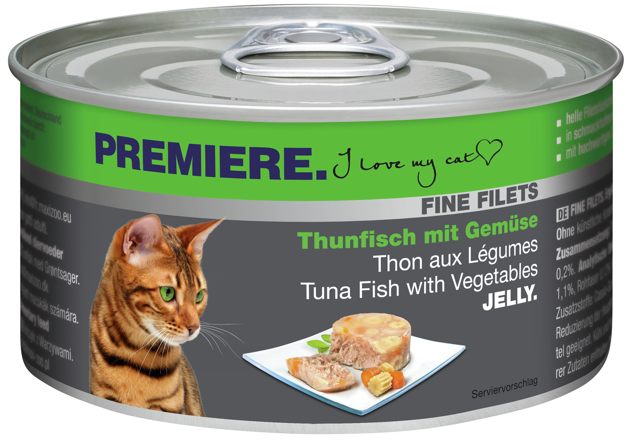 PREMIERE „Fine Filets Thunfisch mit Gemüse in Jelly“, Katzenfutter, 85 g, für Katzen, „I love my cat“, mit Serviervorschlag.