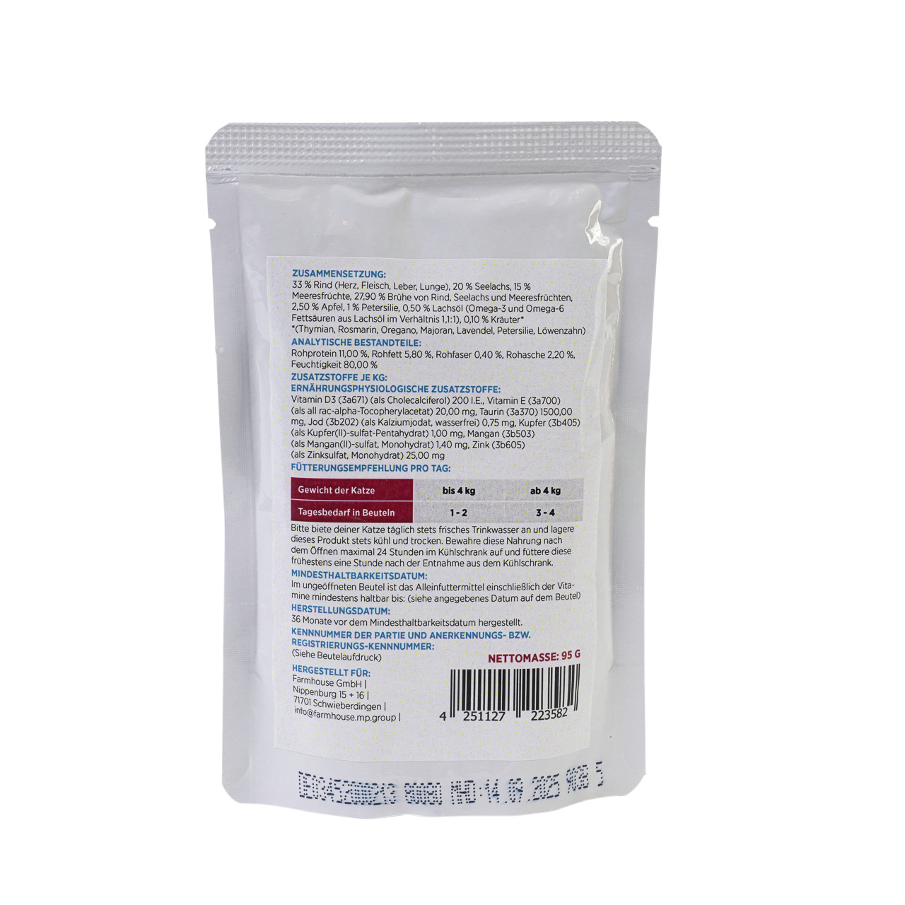 Farmhouse MINCAS HÄPPCHEN Nassfutter f. Katzen, Geschmacksr. Rind, Leber & Seelachs, 95 g, mit Infos zu Inhaltsst., Fütterung & Nährwerten