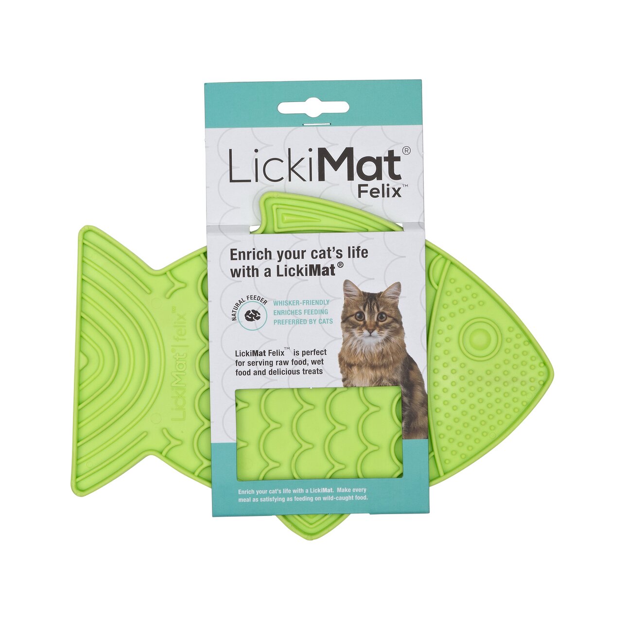 LickiMat Felix Fressmatte f. Katzen, Fischform, grün, schnurrhaarfreundlich, f. Nass--Rohfutter & Leckerlis, Katzenmotiv.
