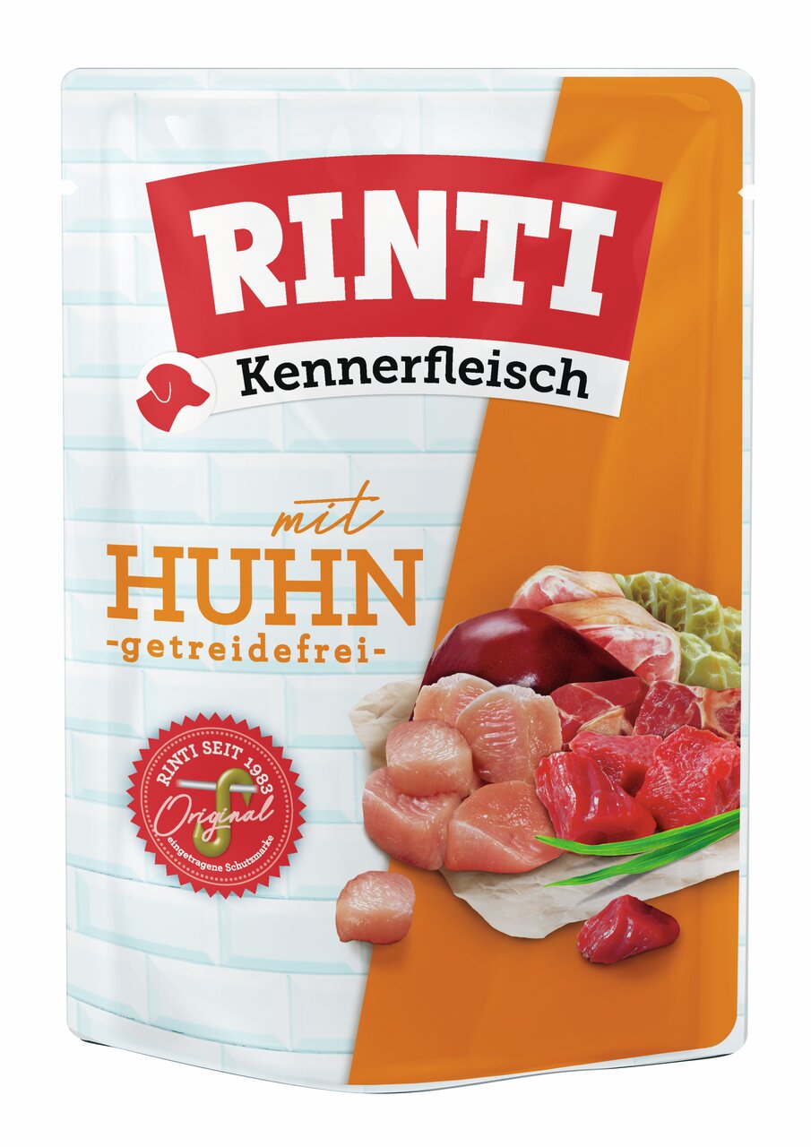 RINTI Kennerfleisch mit Huhn, getreidefrei, für Hunde. Frisches Fleisch, mit natürlichem Schinkengeschmack. 400 g.