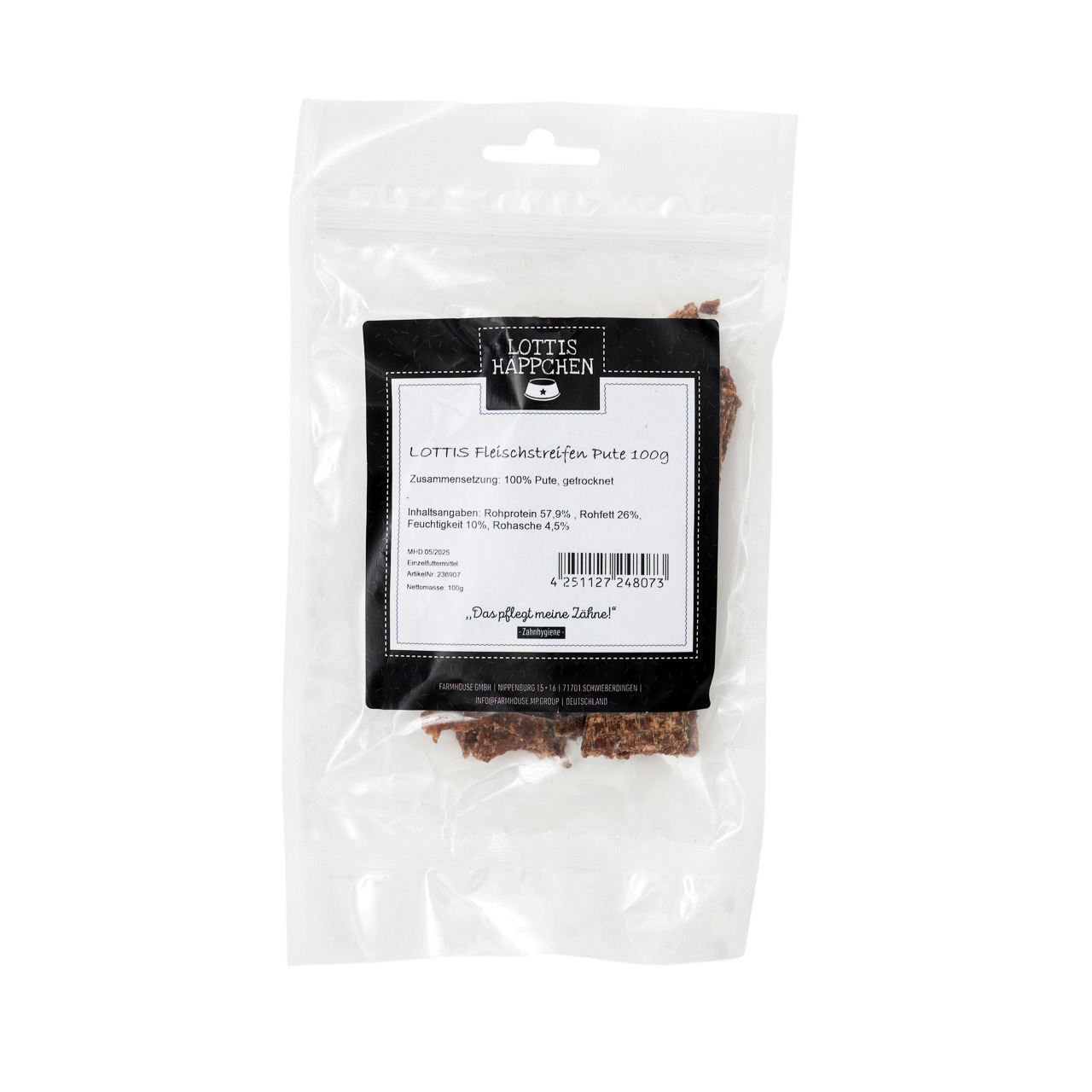 LOTTIS HÄPPCHEN Fleischstreifen, 100 % getr. Pute, für Hunde, 100 g, „Das pflegt meine Zähne!“, Rohprotein 57,9 %, Feuchtigkeit 10 %.