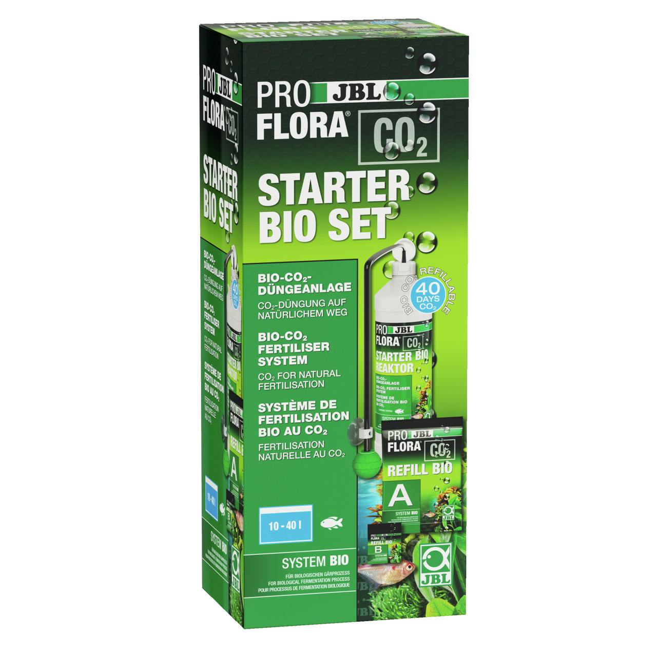 Das Bild zeigt das JBL ProFlora CO2 Starter Bio Set, ein Bio-CO2-Düngesystem für Aquarienpflanzen. Es ist für Aquarien mit einem Volumen von 10 bis 40 Litern geeignet. Das Set enthält eine nachfüllbare CO2-Quelle, die bis zu 40 Tage hält, sowie Zubehör fü