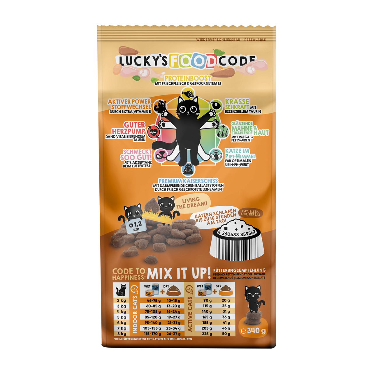 Das Bild zeigt eine Verpackung des Katzenfutters „Lucky's Food Code Proteinboost“ der Marke Lucky Lou. Zielgruppe sind Katzen. Die Geschmacksrichtung ist Frischfleisch und getrocknetes Ei. Werbeaussagen wie „Aktiver Power-Stoffwechsel“ und „Guter Herzpump